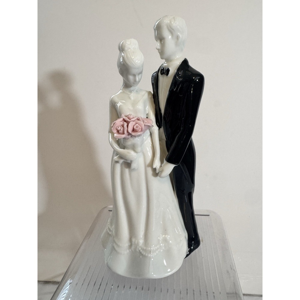 David Tutera Bride And Groom Wedding Cake Topper Ceramic Pink Rose Bouquet NEW